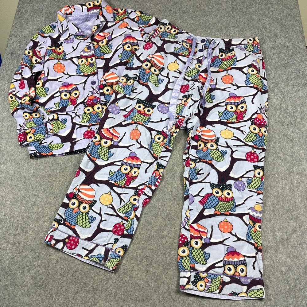 Nick & Nora Women Lavender Winter Owl Cotton Pajama Set Large Button Up Pants